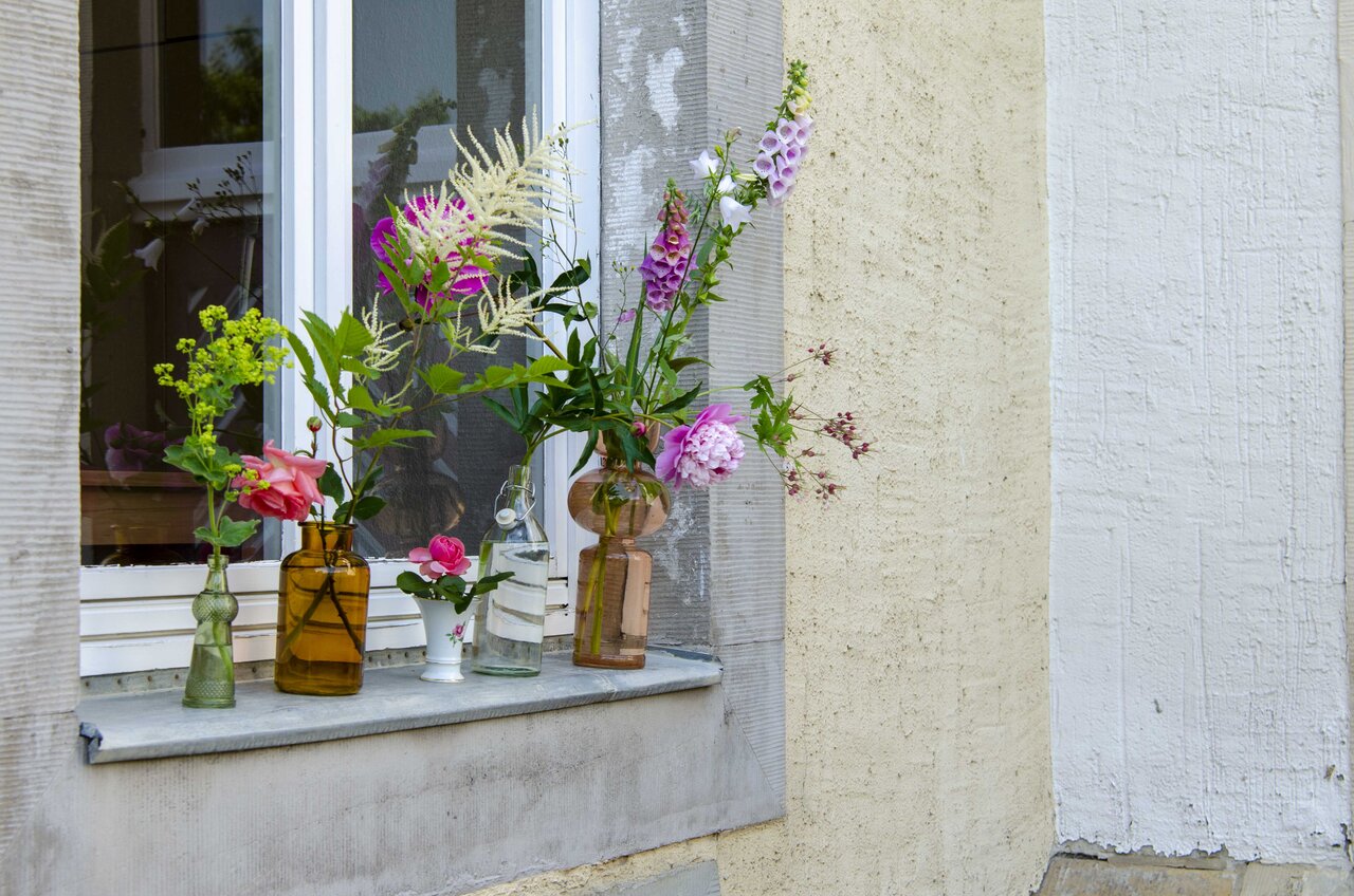 LÜCHTENHOF - Hofgarten - Sommerliche Blumen in verschiedenen Vasen auf Fensterbank