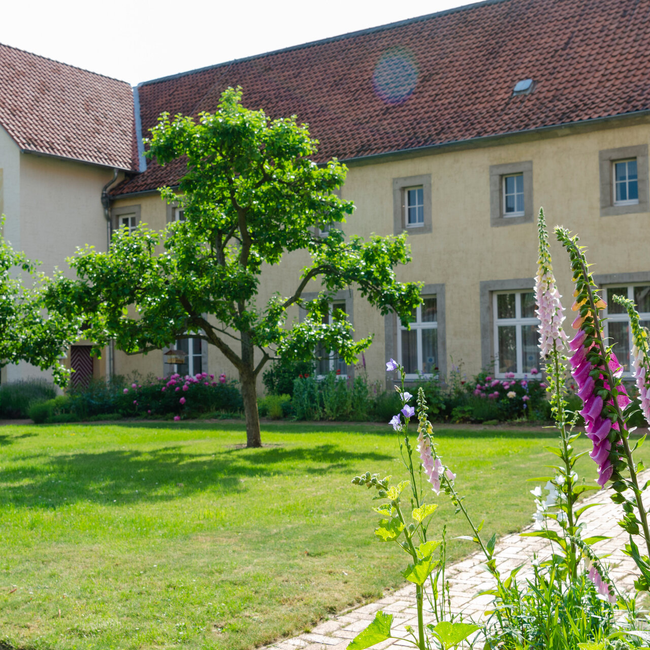 LÜCHTENHOF - Hofgarten - Blick auf Apfelbäume und Altbau